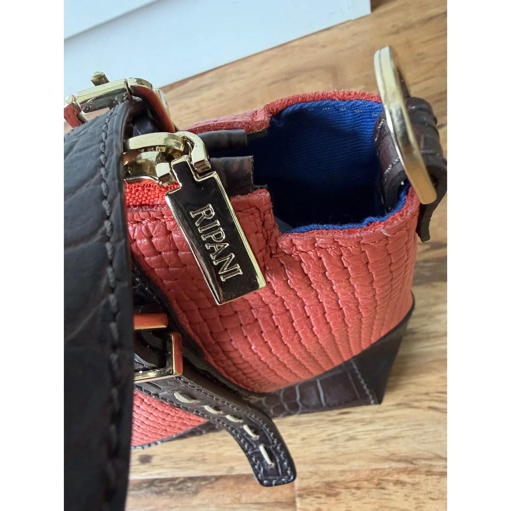 Ripani Italian Leather Handbag Red Woven Brown Croc Embossed Satchel Bag